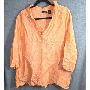 Tahari Tunic Top Womens Plus Size XXl 2X XX Orange Linen Mother of Pearl Buttons